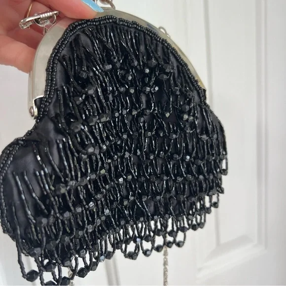 Vintage Bijoux Terner black beaded evening handbag shoulder bag kiss lock silver - Picture 13 of 14
